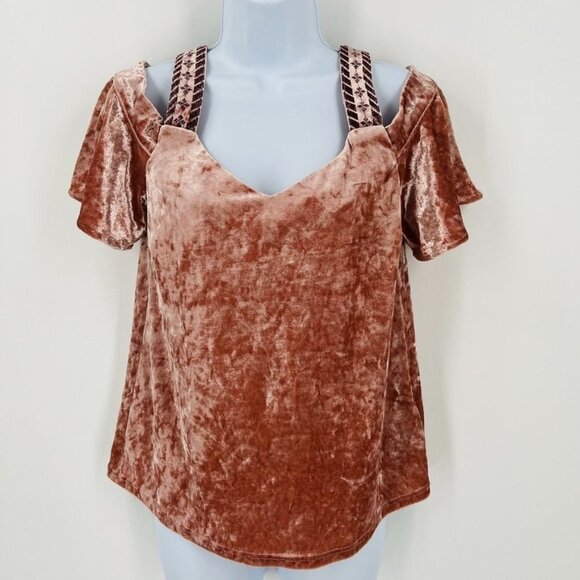 Lucky Brand Women's Velvet Cold Shoulder Top Size XS Pink V-Neck Blouse - Picture 1 of 9